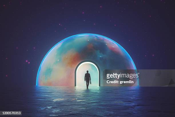 man walking into different dimension - dreamlike stock pictures, royalty-free photos & images