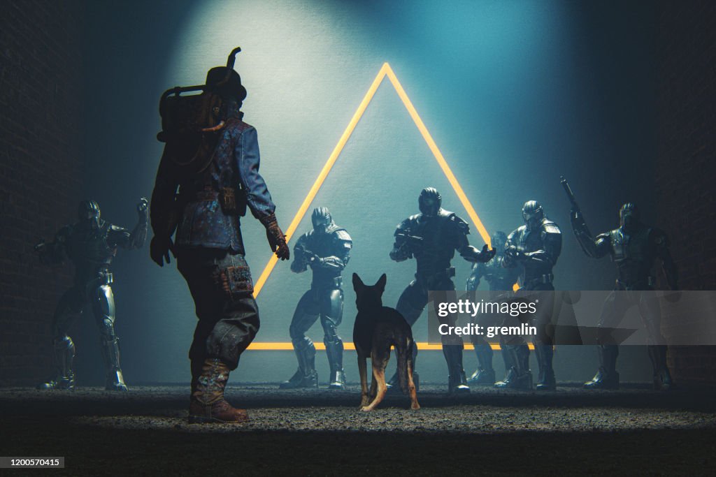Futuristic cyborg soldiers arresting steampunk rebel