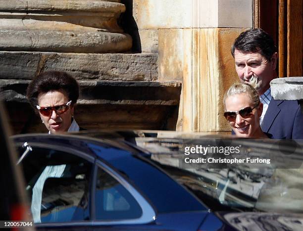 Zara Phillips and her mother Princess Anne, Princess Royal leave Holyrood Palace for a rehearsal of her wedding at Canongate Kirk on July 29, 2011 in...