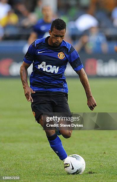 Nani of Manchester United brings the ball up the field against the Seattle Sounders FC during the first half of the game at CenturyLink Field on July...