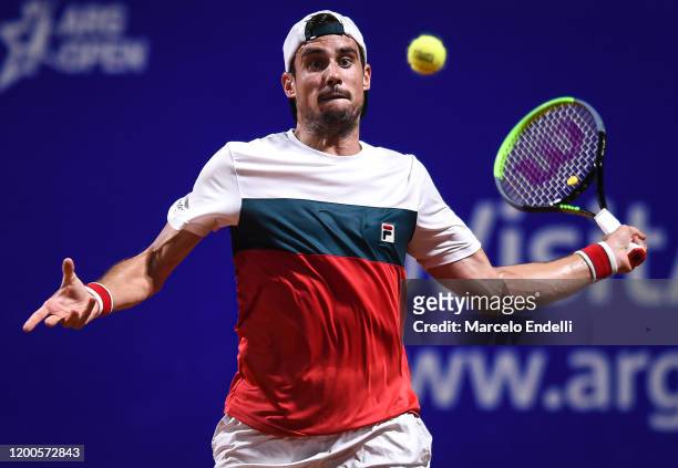 Guido Pella of Argentina hits a forehand during his Men's Singles match against Facundo Bagnis of Argentina during day 4 of ATP Buenos Aires...