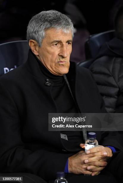 Quique Setien, Manager of Barcelona looks on prior to the La Liga match between FC Barcelona and Granada CF at Camp Nou on January 19, 2020 in...