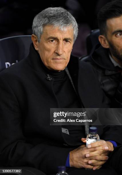 Quique Setien, Manager of Barcelona looks on prior to the La Liga match between FC Barcelona and Granada CF at Camp Nou on January 19, 2020 in...