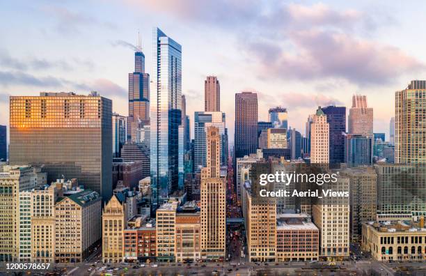 downtown chicago cityscape from grant park - chicago stock pictures, royalty-free photos & images