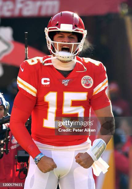 Patrick Mahomes of the Kansas City Chiefs takes the field before the AFC Championship Game against the Tennessee Titans at Arrowhead Stadium on...