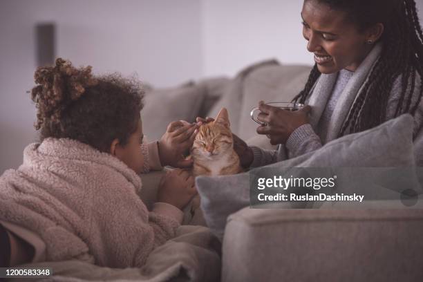 mother and daughter stroking a cute ginger cat, sitting on bed couch in the living room. - cosy stock pictures, royalty-free photos & images