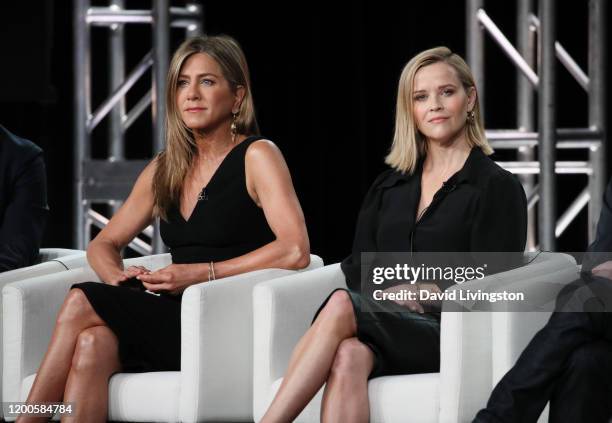 Jennifer Aniston and Reese Witherspoon of "The Morning Show" speaks onstage during the Apple TV+ segment of the 2020 Winter TCA Tour at The Langham...