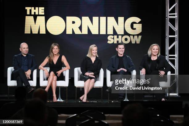 Michael Ellenberg, Jennifer Aniston, Reese Witherspoon, Billy Crudup and Mimi Leder of "The Morning Show" speak onstage during the Apple TV+ segment...