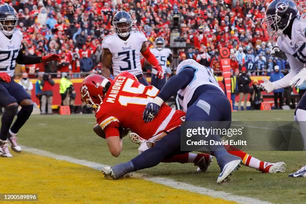 Patrick Mahomes of the Kansas City Chiefs runs for a 27 yard touchdown in the second quarter against the Tennessee Titans in the AFC Championship...