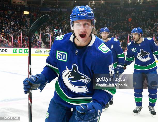 Jay Beagle of the Vancouver Canucks celebrates a goal during their NHL game against the Arizona Coyotes at Rogers Arena January 16, 2020 in...