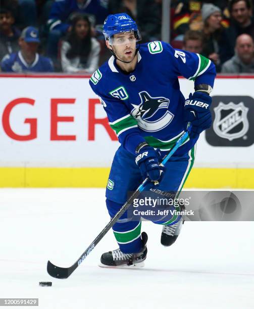 Brandon Sutter of the Vancouver Canucks skates up ice during their NHL game against the Arizona Coyotes at Rogers Arena January 16, 2020 in...