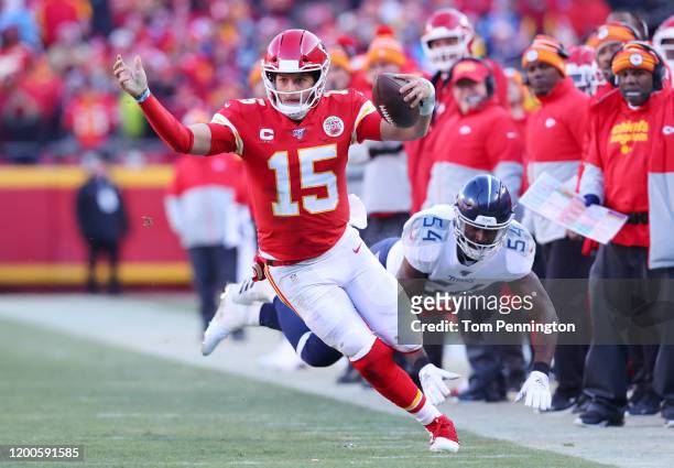 Patrick Mahomes of the Kansas City Chiefs runs on his way to scoring a 27 yard touchdown in the second quarter against the Tennessee Titans in the...