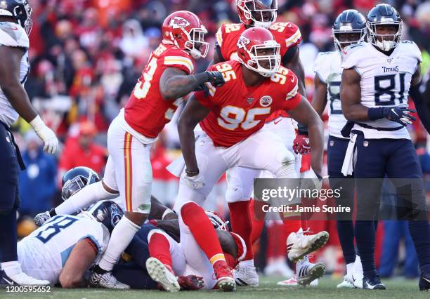 Chris Jones of the Kansas City Chiefs reacts after tackling Derrick Henry of the Tennessee Titans in the first half in the AFC Championship Game at...