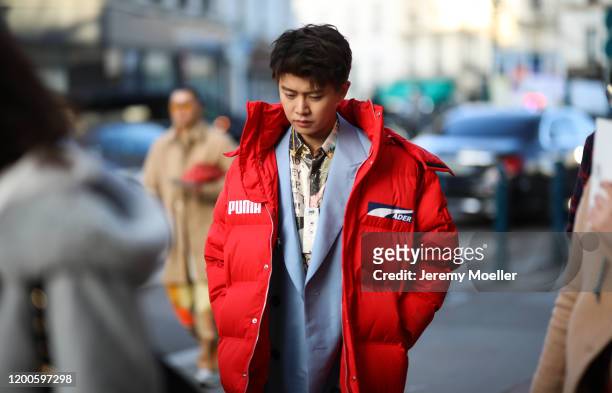 Jialun Ren wearing Puma x Ader Error jacket before Lanvin on January 19, 2020 in Paris, France.