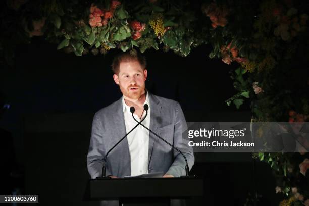 Prince Harry, Duke of Sussex makes a speech as Sentebale held an event on January 19 hosted by Mr & Mrs Caring on behalf of The Caring Foundation, to...