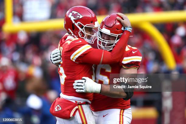 Patrick Mahomes of the Kansas City Chiefs reacts after a touchdown in the fourth quarter against the Tennessee Titans in the AFC Championship Game at...