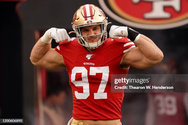 Nick Bosa of the San Francisco 49ers runs onto the field prior to the start of the NFC Championship game against the Green Bay Packers at Levi's...