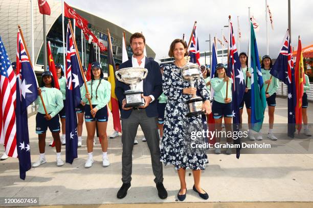 Former tennis players Marat Safin and Lindsay Davenport pose with the Norman Brookes Challenge Cup and the Daphne Akhurst Memorial Cup at the...