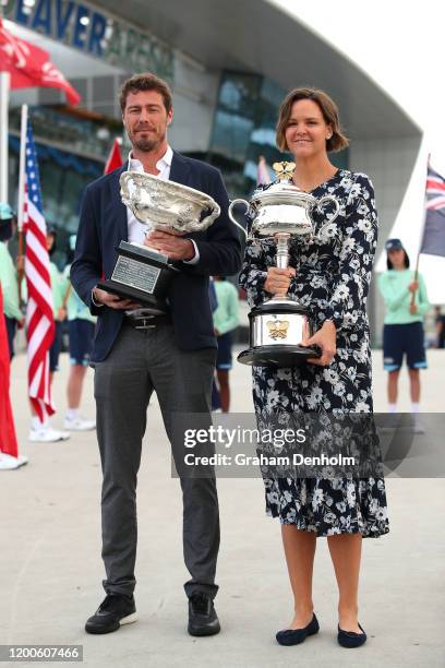 Former tennis players Marat Safin and Lindsay Davenport pose with the Norman Brookes Challenge Cup and the Daphne Akhurst Memorial Cup at the...