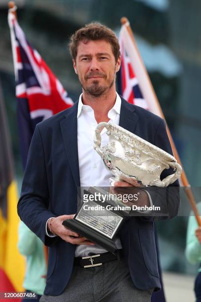 Former tennis player Marat Safin poses with the Norman Brookes Challenge Cup at the Australian Open Welcome to Country and trophy arrival ceremony on...