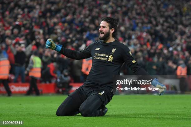 Alisson Becker of Liverpool celebrates the 2nd goal during the Premier League match between Liverpool FC and Manchester United at Anfield on January...