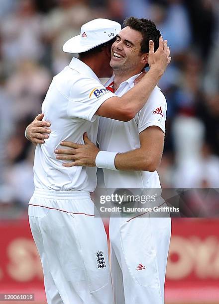 James Anderson of England celebrates the wicket of Abhinav Mukund of India during the second npower Test match between England and India at Trent...