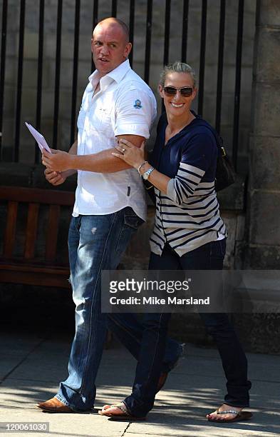 The Queen's granddaughter Zara Phillips and fiance rugby player Mike Tindall attend their wedding rehearsals at Canongate Kirk ahead of their wedding...