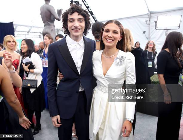 Finn Wolfhard and Millie Bobby Brown attend the 26th Annual Screen Actors Guild Awards at The Shrine Auditorium on January 19, 2020 in Los Angeles,...