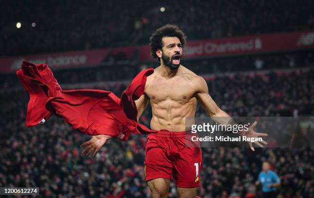 Mohamed Salah of Liverpool celebrates his goal to make it 2-0 during the Premier League match between Liverpool FC and Manchester United at Anfield...