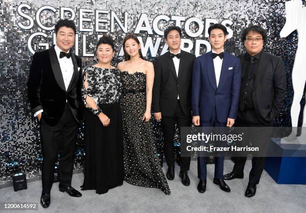 Kang-Ho Song, Lee Jung Eun, Park So-dam, Lee Sun-kyun, Choi Woo-shik and Bong Joon-ho of 'Parasite' attend the 26th Annual Screen Actors Guild Awards...