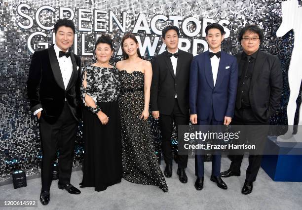 Kang-Ho Song, Lee Jung Eun, Park So-dam, Lee Sun-kyun, Choi Woo-shik and Bong Joon-ho of 'Parasite' attend the 26th Annual Screen Actors Guild Awards...