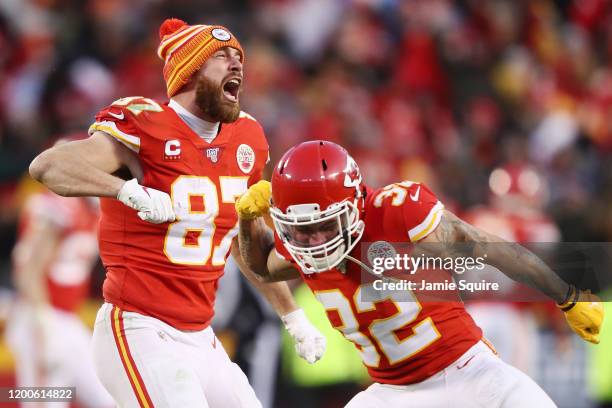 Travis Kelce of the Kansas City Chiefs reacts late in the game against the Tennessee Titans in the AFC Championship Game at Arrowhead Stadium on...