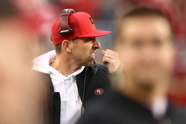 Head coach Kyle Shanahan of the San Francisco 49ers looks on from the sidelines in the first half against the Green Bay Packers during the NFC...