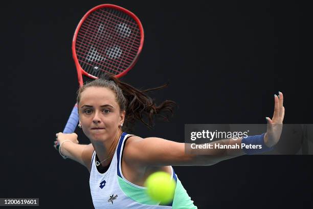Viktoria Kuzmova of Slovakia plays a forehand during her Women's Singles first round match against Julia Goerges of Germany on day one of the 2020...