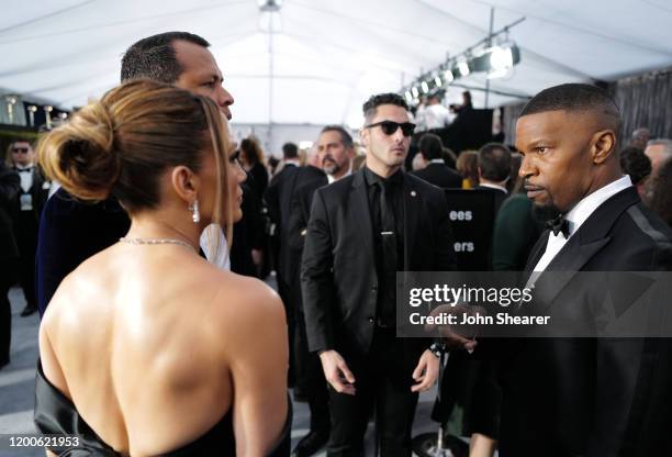 Jennifer Lopez, Alex Rodriguez, and Jamie Foxx attend the 26th Annual Screen Actors Guild Awards at The Shrine Auditorium on January 19, 2020 in Los...