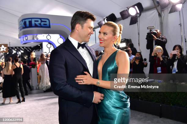 Colin Jost and Scarlett Johansson attend the 26th Annual Screen Actors Guild Awards at The Shrine Auditorium on January 19, 2020 in Los Angeles,...