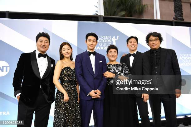 Kang-Ho Song, Park So-dam, Choi Woo-shik, Lee Jung Eu, Lee Sun-kyun, and Bong Joon-ho attend the 26th Annual Screen Actors Guild Awards at The Shrine...