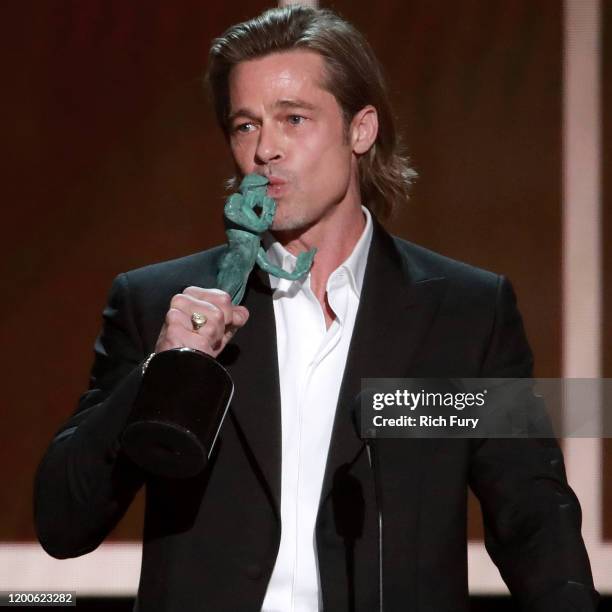 Brad Pitt accepts the awards for Outstanding Performance by a Male Actor in a Supporting Role for "Once Upon A Time In Hollywood" onstage during the...