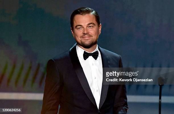 Leonardo DiCaprio speaks onstage during the 26th Annual Screen Actors Guild Awards at The Shrine Auditorium on January 19, 2020 in Los Angeles,...