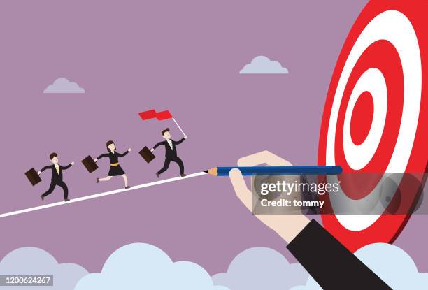 business people run to the target by a helping hand - milestone stock illustrations