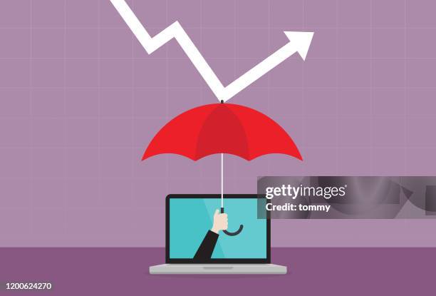 businessman uses an umbrella protect laptop computer from a stock graph down - bull market stock illustrations