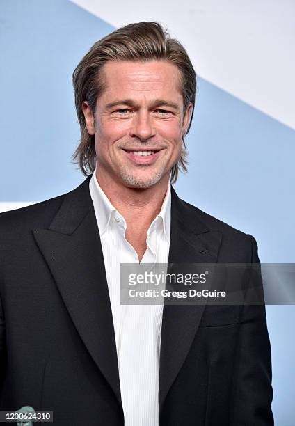 Brad Pitt, winner Outstanding Performance by a Male Actor in a Supporting Role for 'Once Upon a Time in Hollywood,' poses in the press room during...