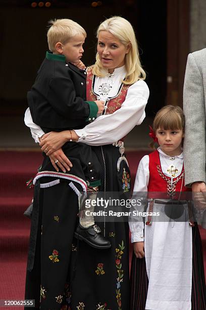 Prince Sverre Magnus of Norway, Princess Mette-Marit of Norway and Princess Ingrid Alexandra of Norway attend the Children's Parade during Norwegian...