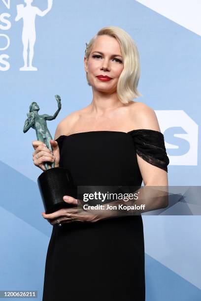 Michelle Williams, winner of Outstanding Performance by a Female Actor in a Television Movie or Miniseries for 'Fosse/Verdon', poses in the press...