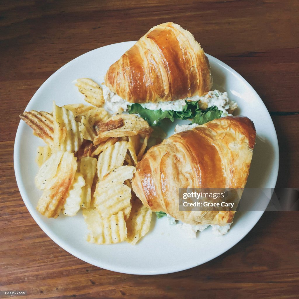 Chicken Salad Croissant Sandwich with Side of Chips