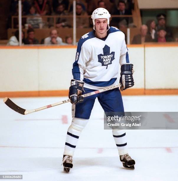 Barry Melrose of the Toronto Maple Leafs skates against the Vancouver Canucks during NHL game action on March 4, 1981 at Maple Leaf Gardens in...