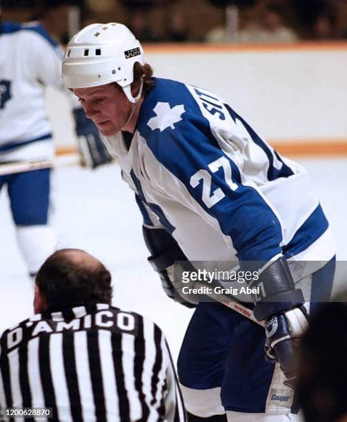 Darryl Sittler of the Toronto Maple Leafs skates against the Boston Bruins during NHL game action on March 11, 1981 at Maple Leaf Gardens in Toronto,...