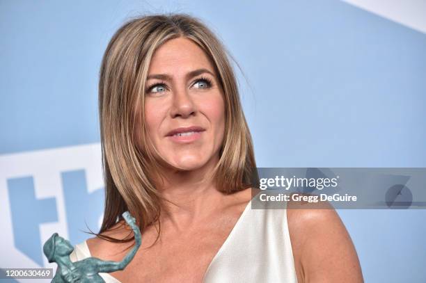 Jennifer Aniston, winner of Outstanding Performance by a Female Actor in a Drama Series for 'The Morning Show', poses in the press room during the...