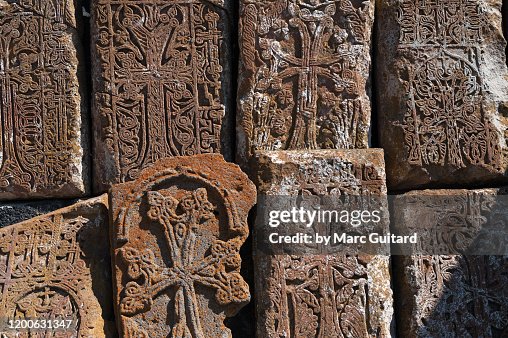 Khachkars outside of Sevanavank Monastery, Lake Sevan, Armenia Khachkars outside of Sevanavank Monastery, Lake Sevan, Armenia