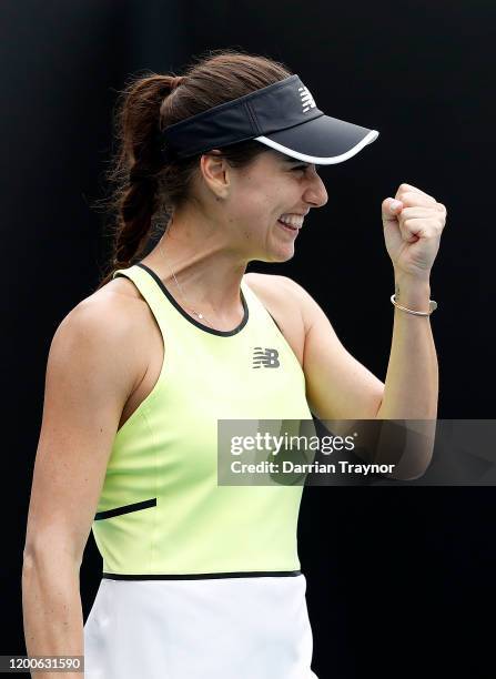 Sorana Cirstea of Romania celebrate victory following her Women's Singles first round match against Barbora Strycova of Czech Republic on day one of...